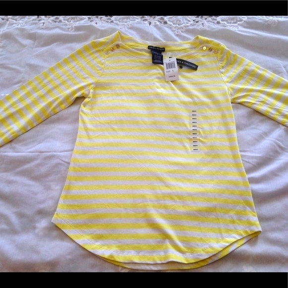NEW Women's Nautical Pullover Top Classy Tee Yellow Stripe 3/4 Slve Scoop Hem Sm - Picture 3 of 7